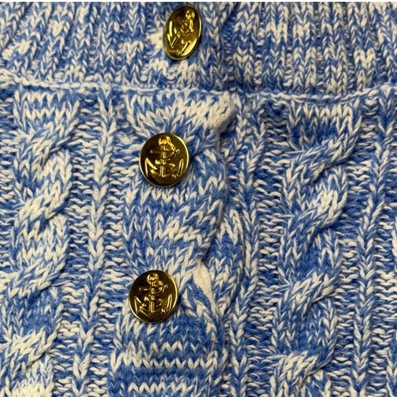Lands End Blue White Cable Knit Sweater Gold Button Pullover Women Large - Picture 5 of 7